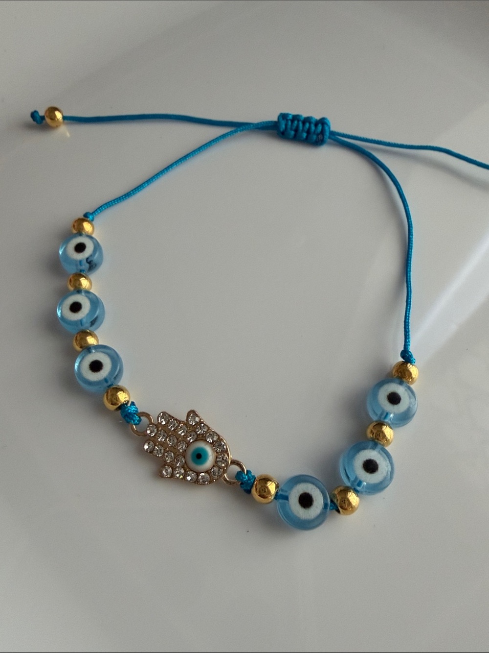 Crystal Hamsa Beaded Adjustable Bracelet Light Blue Evil Eye Handmade Jewelry